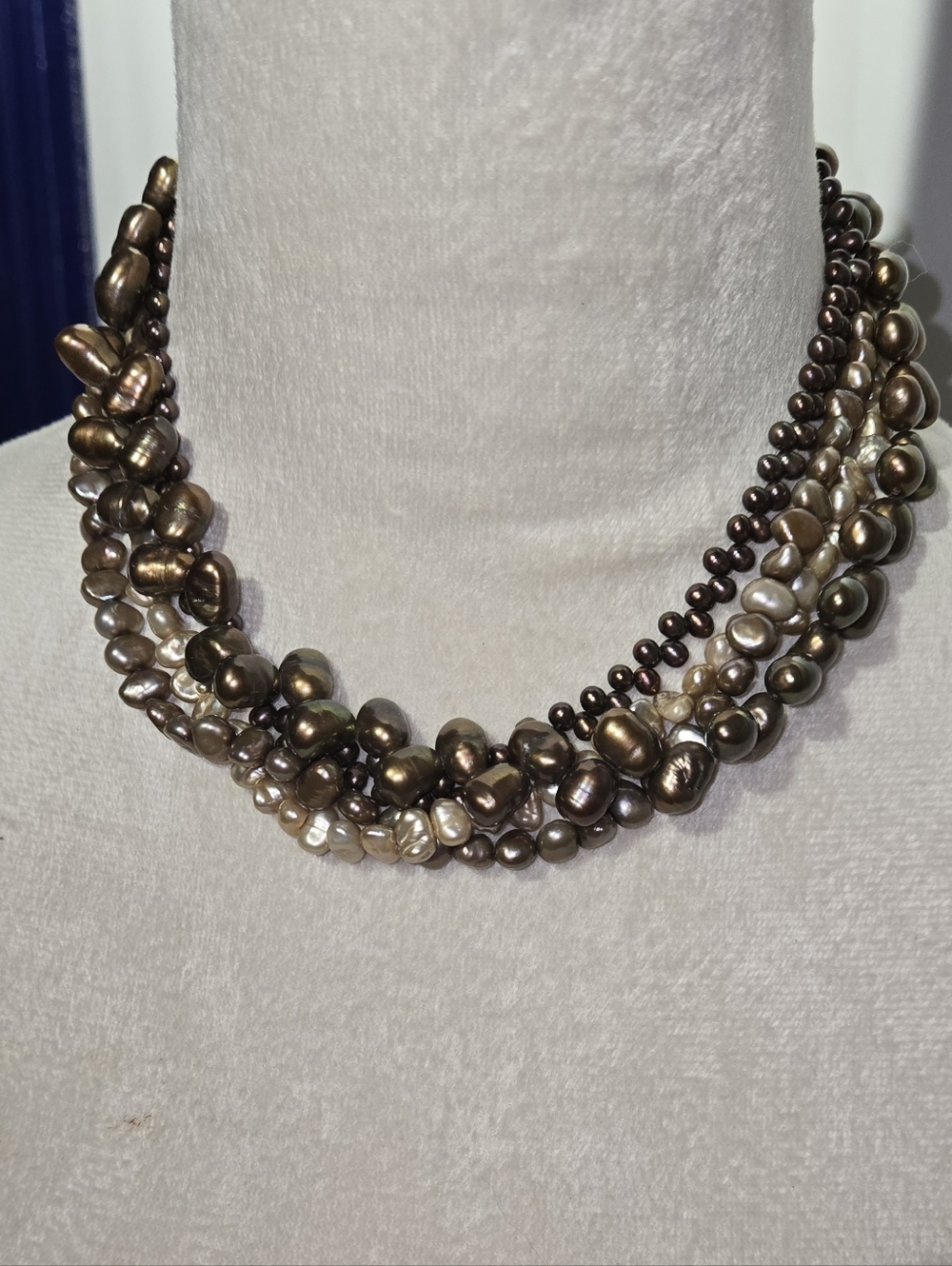 Freshwater Pearls Sterling Silver 925 Multi-Strand Necklace in Bronze and Cream